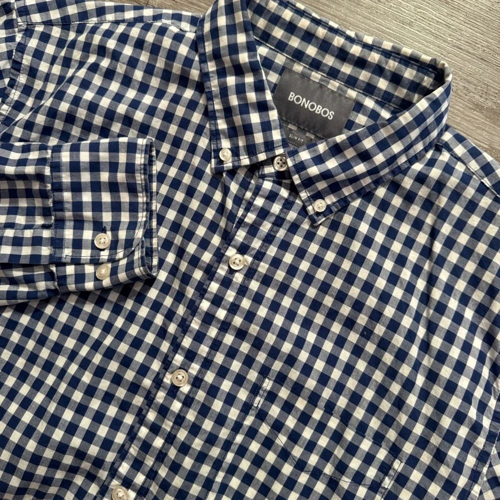 Bonobos Shirt Mens L Blue Gingham Check Cotton Slim Fit Button Casual Preppy